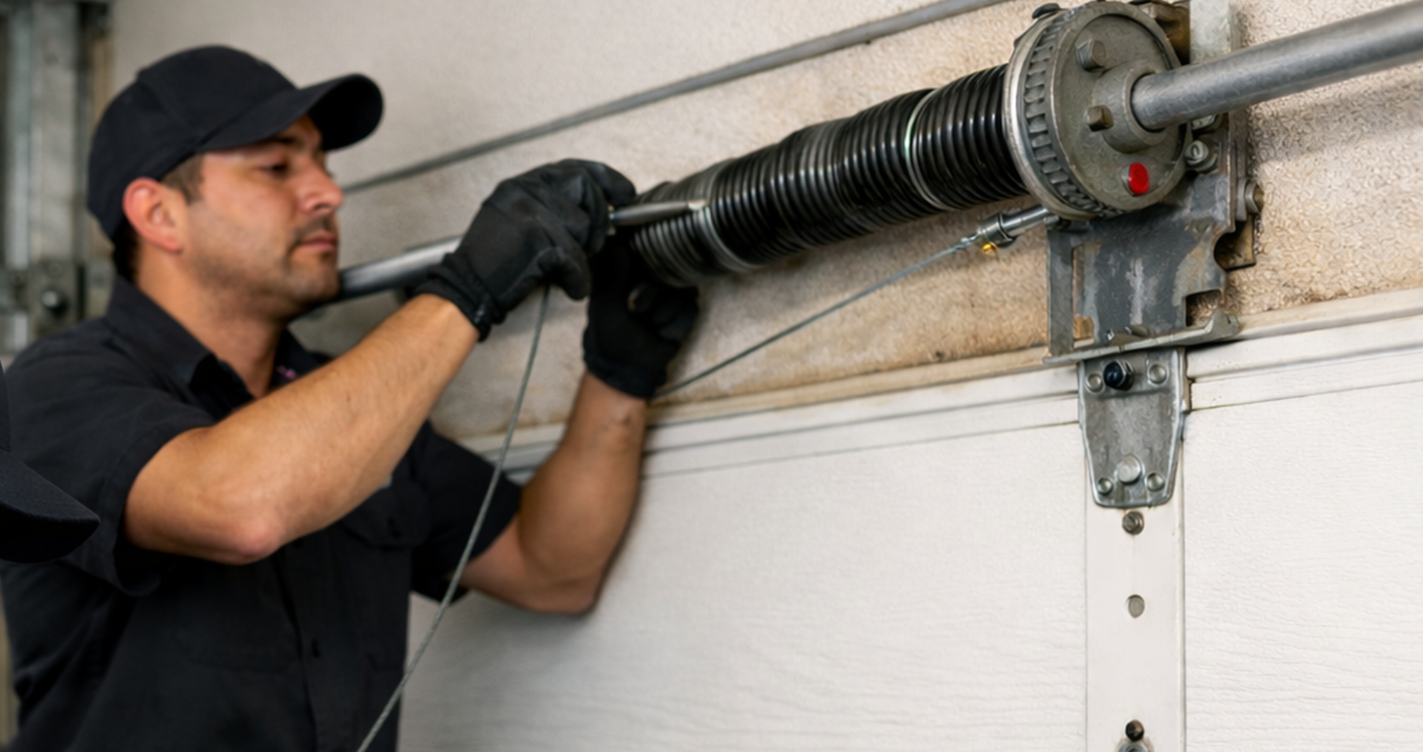 Garage door technician in black uniform repairing garage door cable system