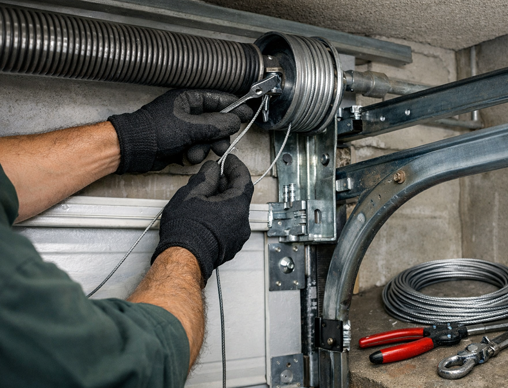 Garage door technician replacing high-tension cable for safe and reliable door operation