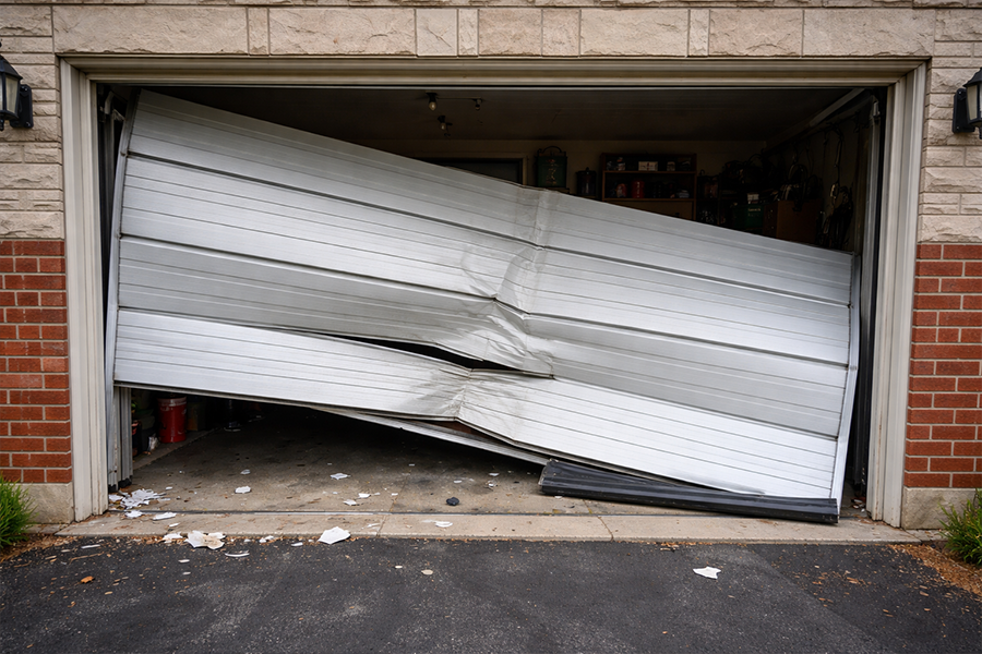Damaged garage door rollers causing misaligned overhead door