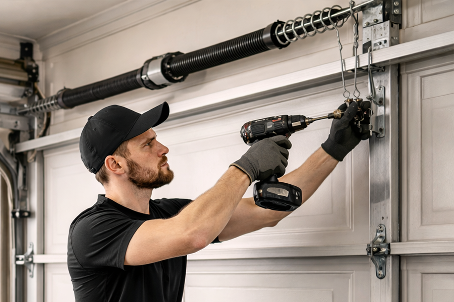 Garage door technician repairing torsion spring system