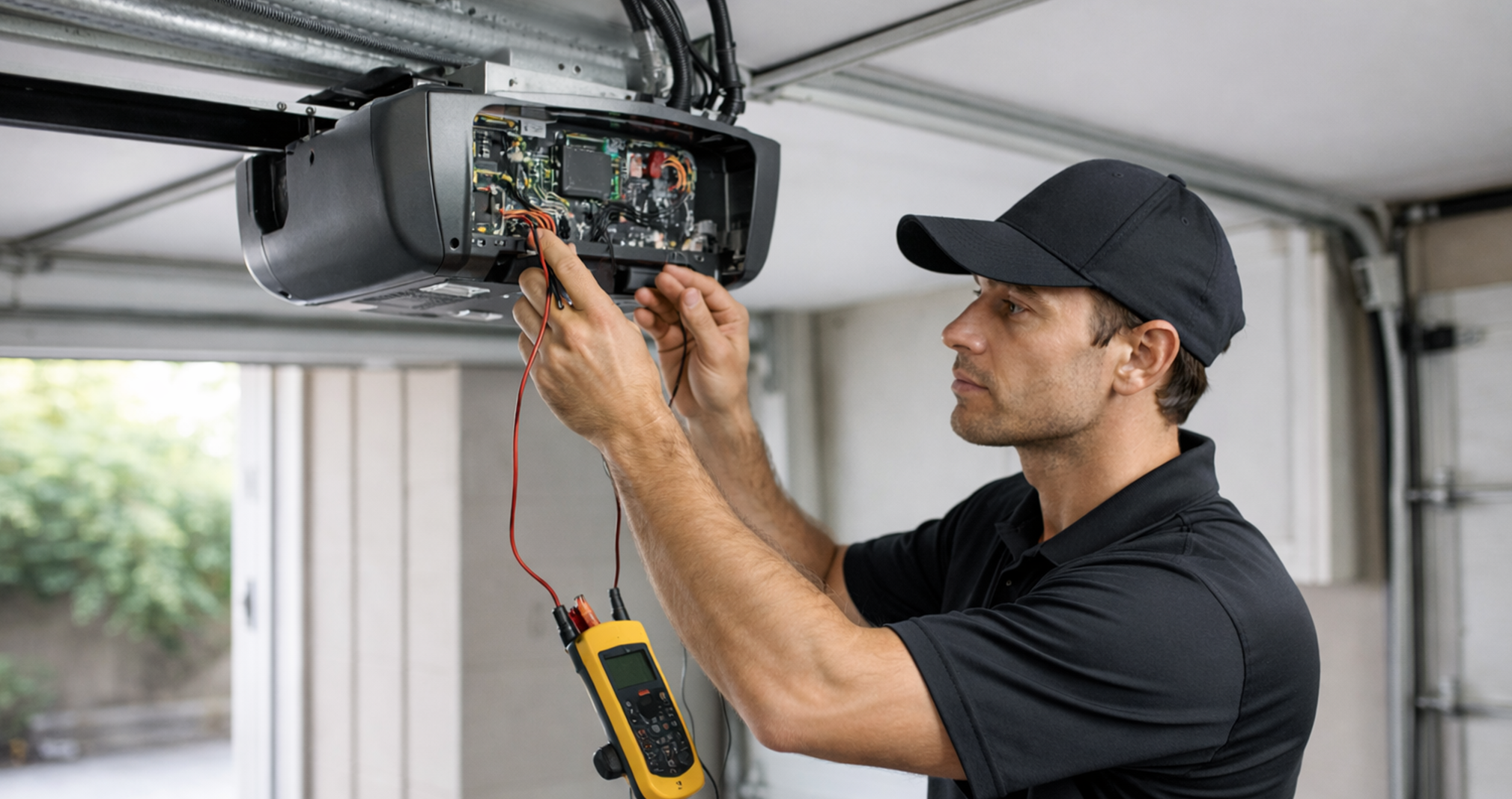Garage door technician in black uniform performing electrical check on opener wiring