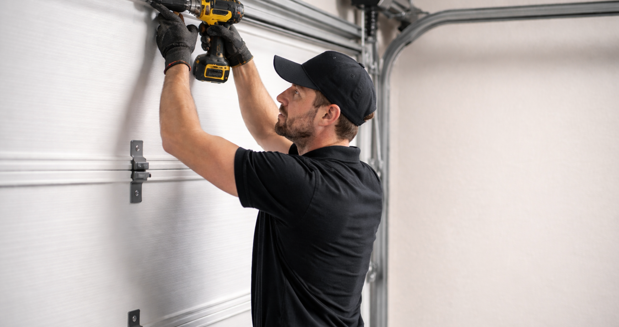 Professional garage door technician installing residential garage door track