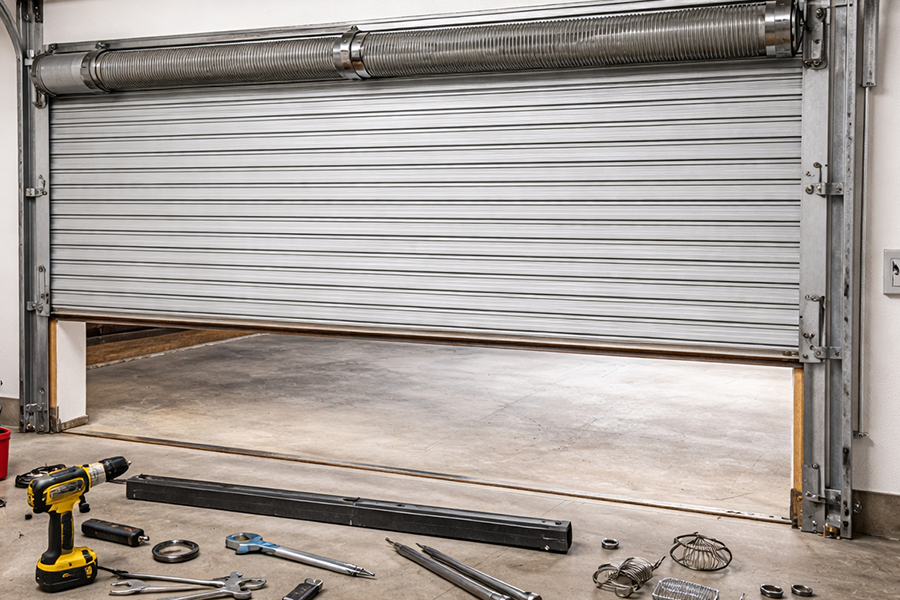 Roll up garage door repair with tools and open shutter inside garage