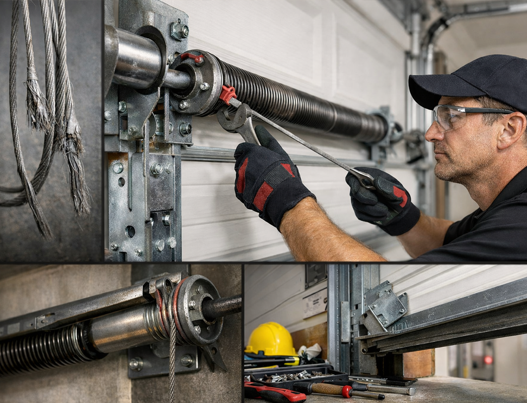 Garage door maintenance technician adjusting torsion spring