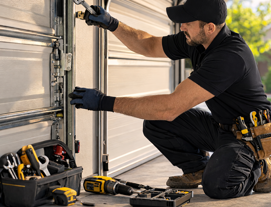 Garage door technician adjusting track