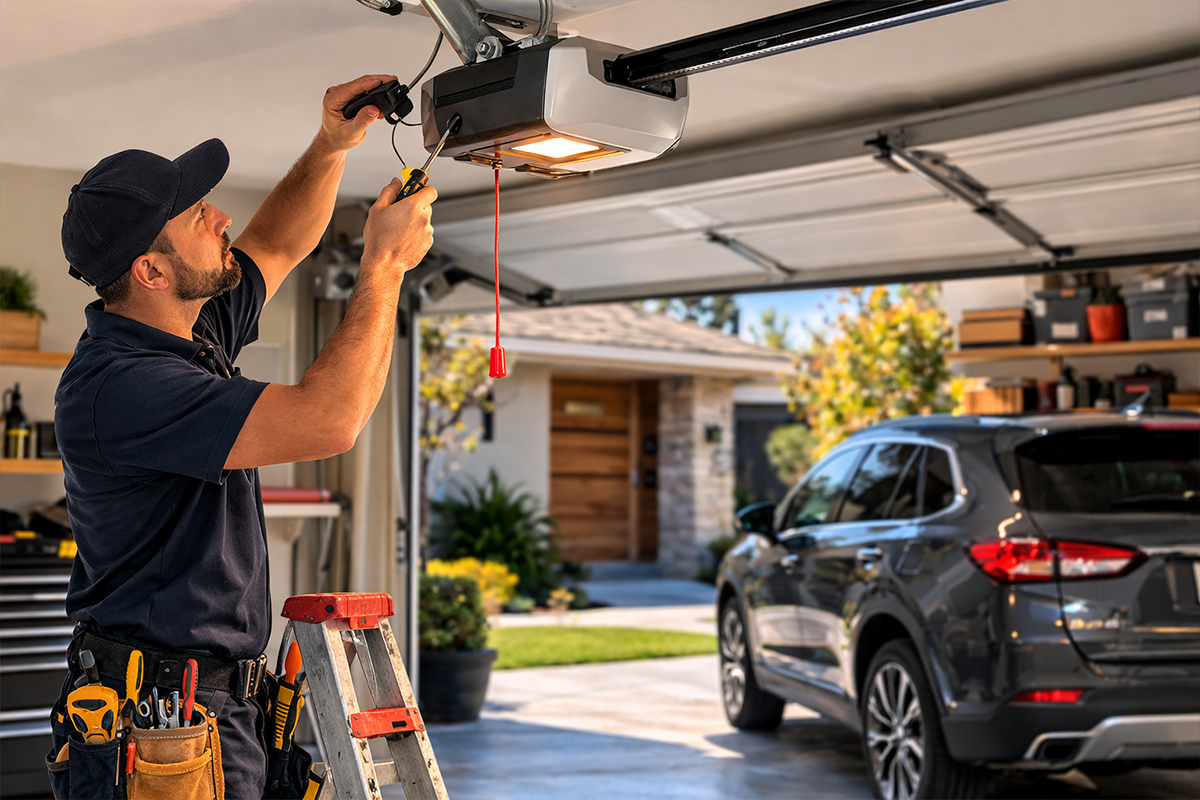 Residential garage door repair technician fixing spring and track