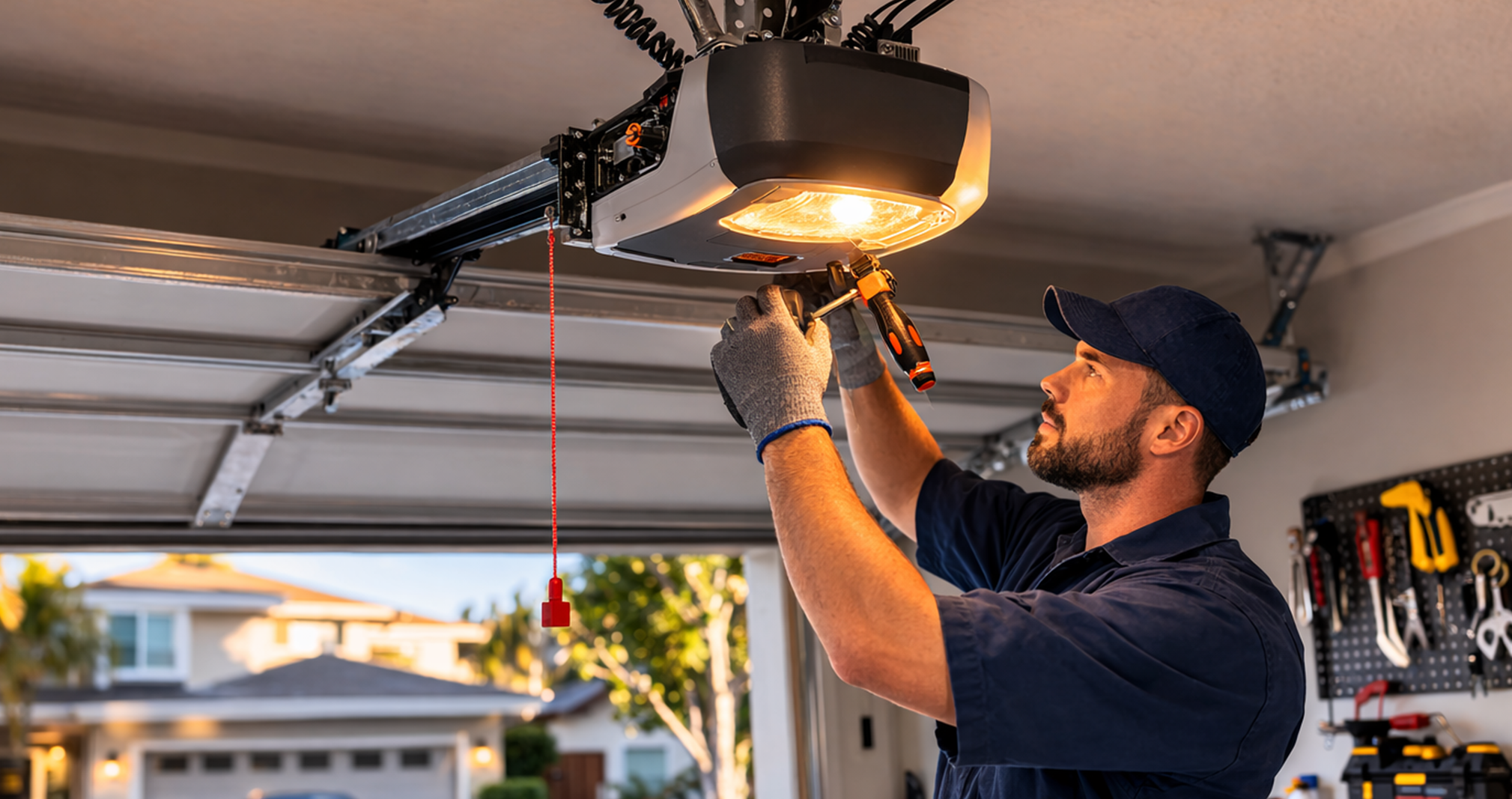 Professional garage door technician installing residential garage door track