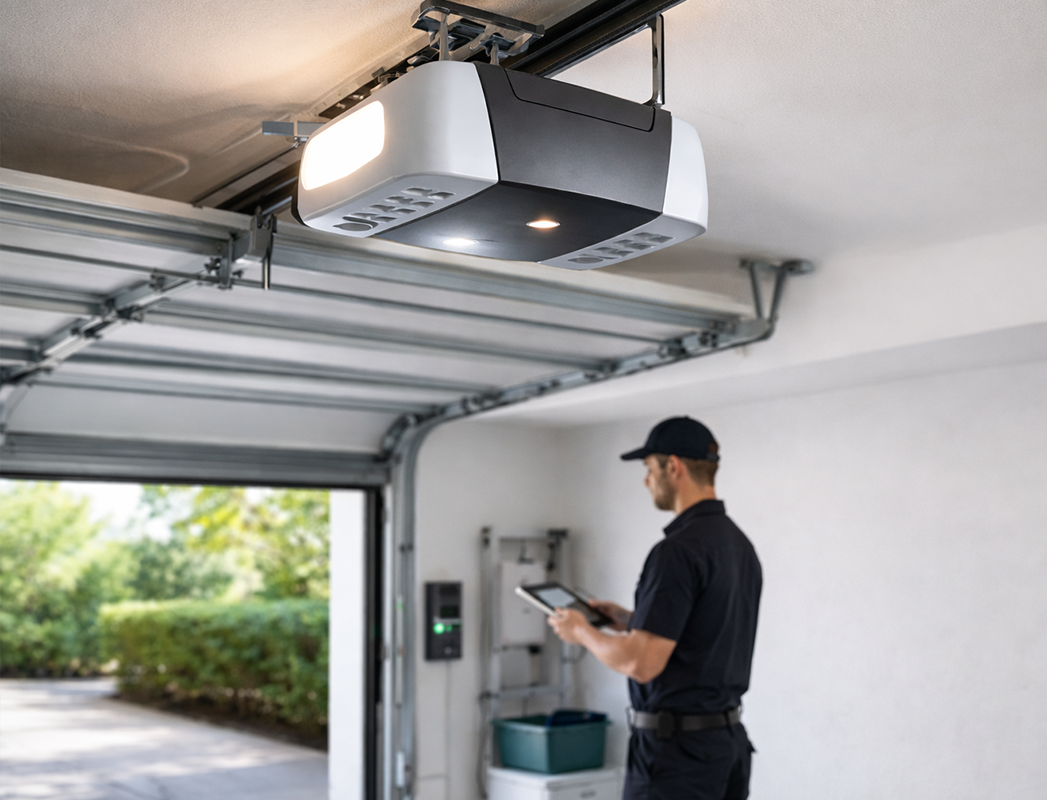 Technician in black uniform checking garage door opener