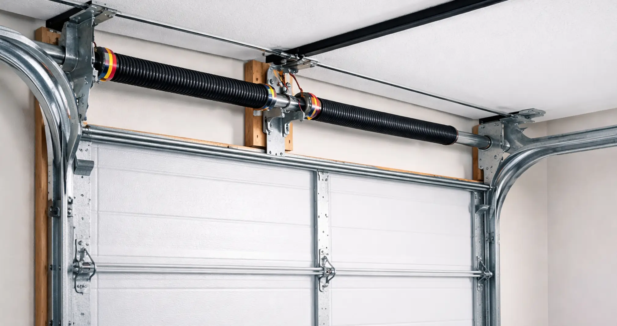 Garage door tracks and springs aligned for smooth operation