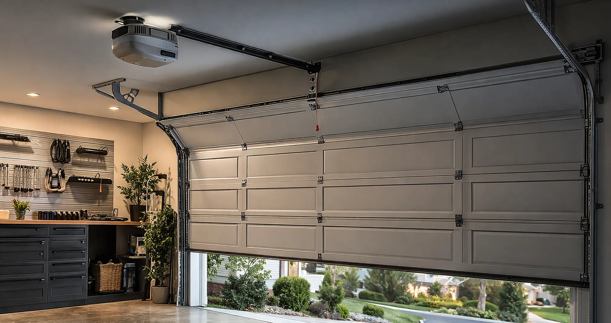 Quiet garage door opener system with smooth and efficient operation