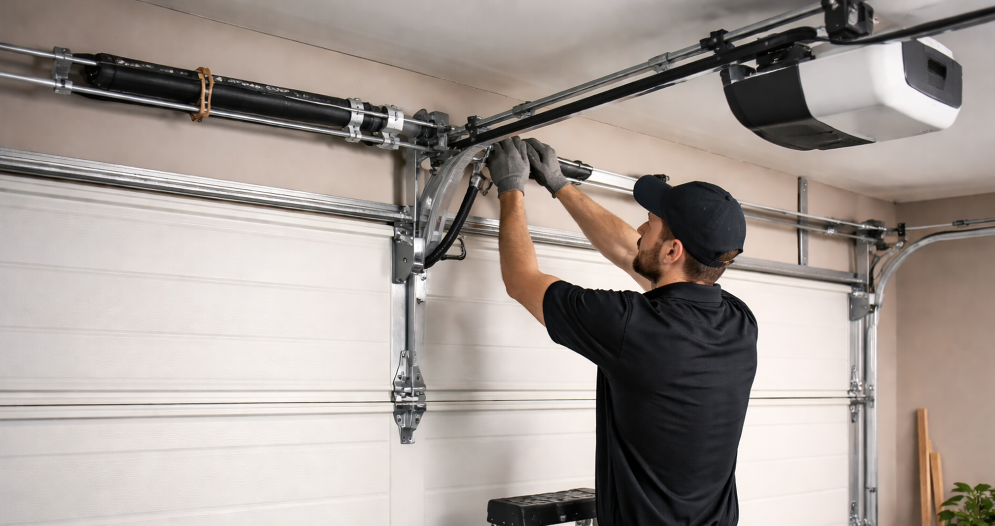 Garage door technician in black uniform adjusting torsion spring system