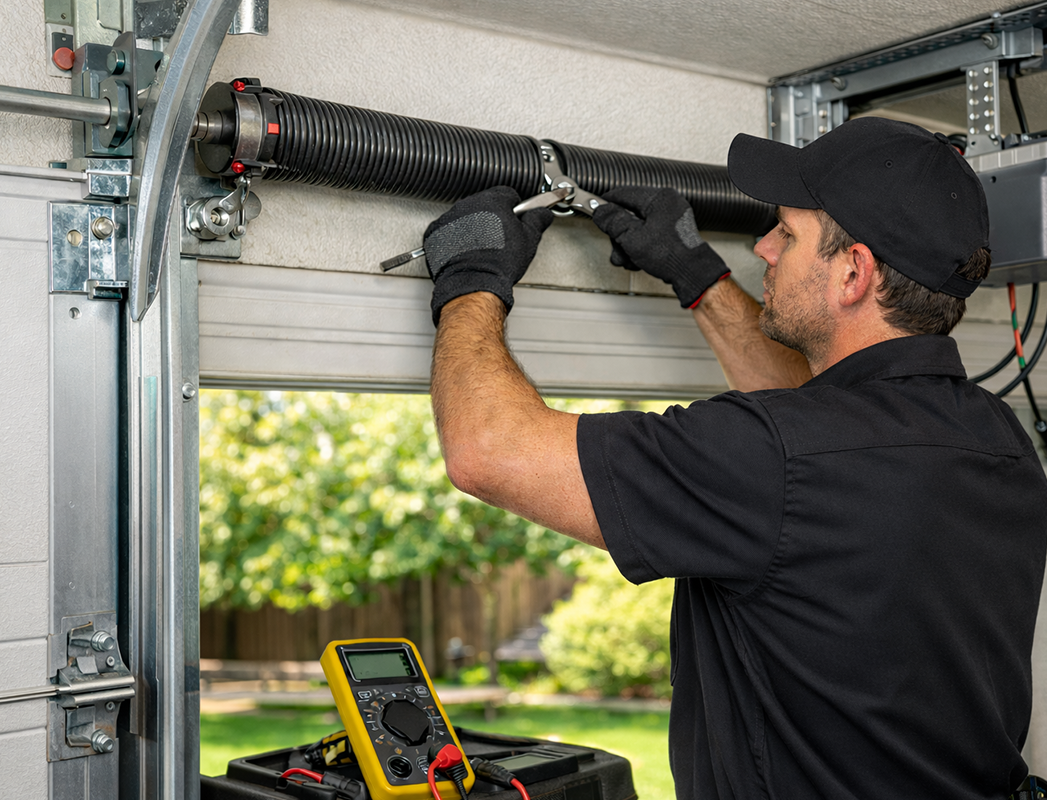 Garage door spring maintenance by technician