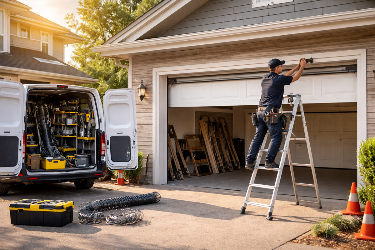 Residential garage door repair technician fixing spring and track