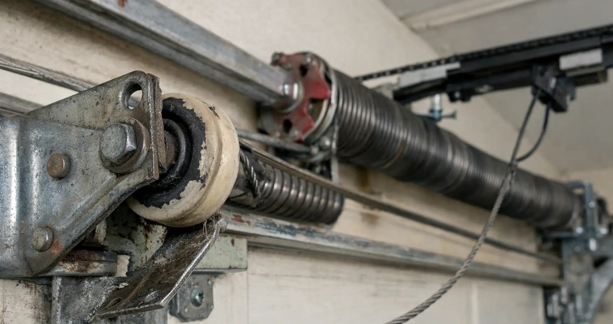 Faulty garage door roller causing strain on springs cables and opener system