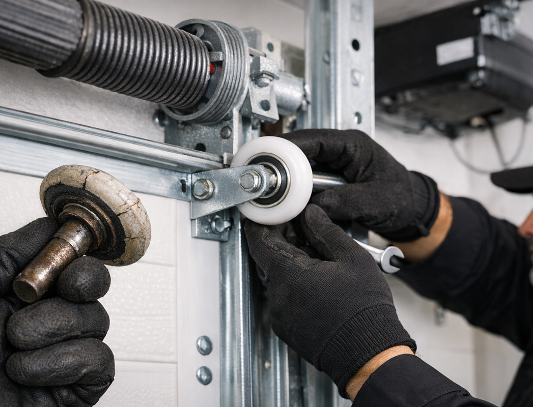 Garage door technician in black uniform replacing worn roller on garage door track