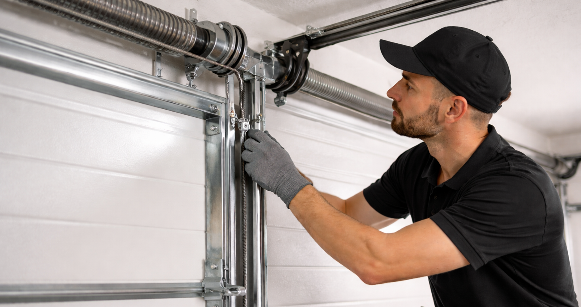 Garage door technician inspecting springs and cables during safety check