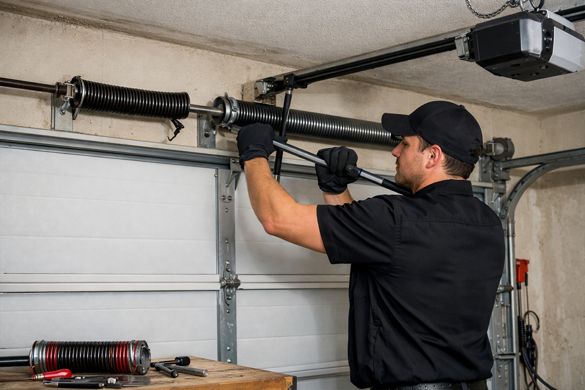 Garage door technician in black uniform repairing torsion spring in residential garage