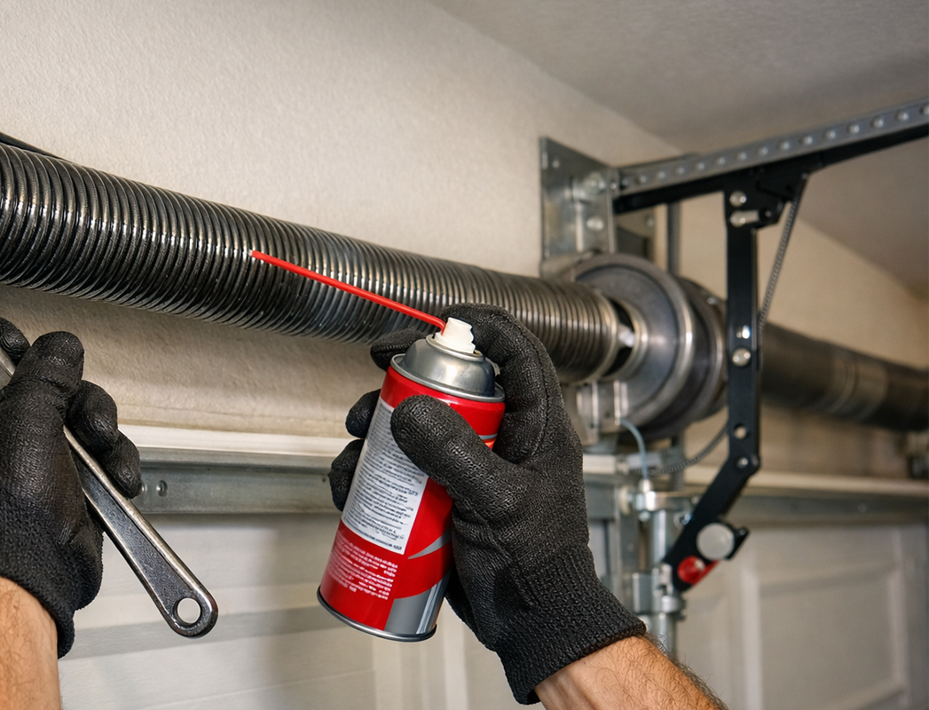 Garage door technician performing spring maintenance and lubrication