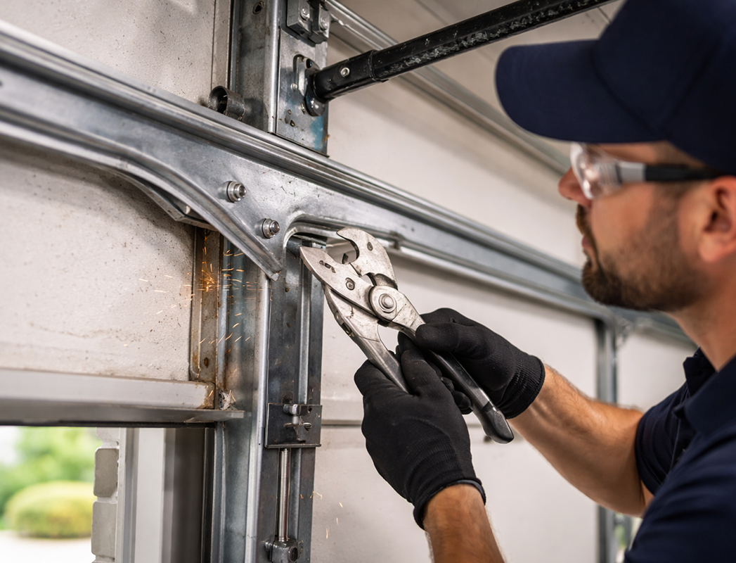 Garage door track repair technician fixing bent track
