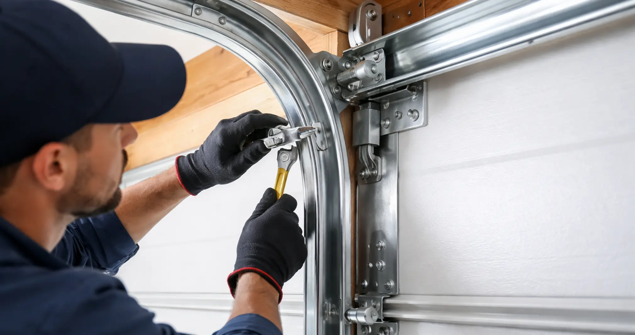 Garage door track alignment service adjusting rollers and tracks