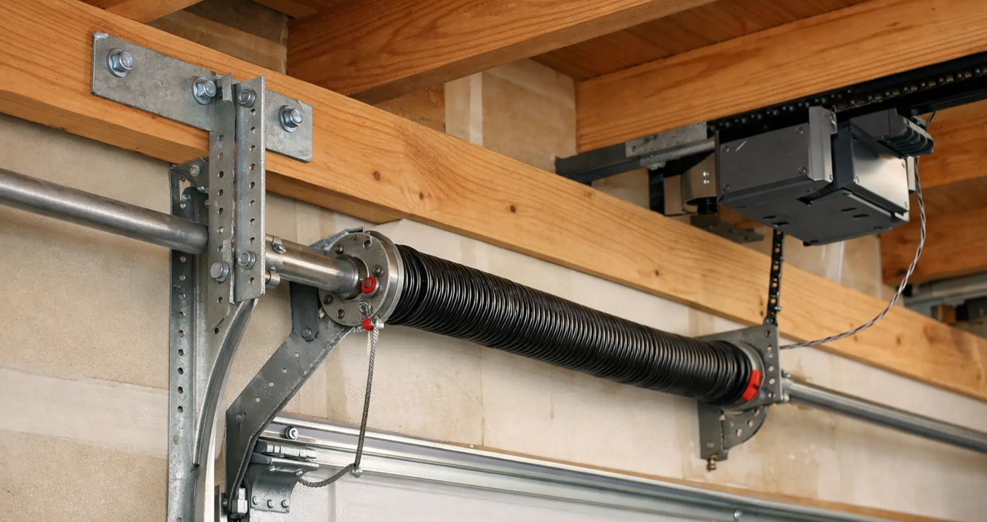 Garage door track support system with springs and opener components